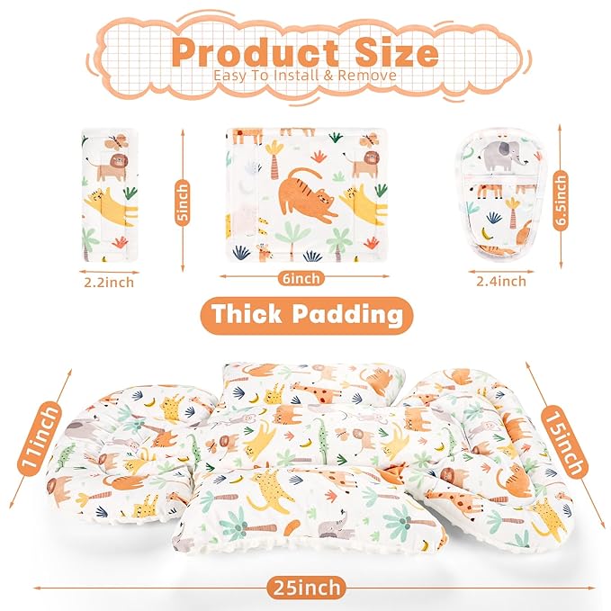Infant Car Seat Insert, Soft Baby Car Seat Head & Body Support for Girl Boy, Reversible Newborn Preemie Carseat Insert Cushion with 3 Straps Pads Fits CarSeat, Stroller, Swing, Bouncer, Animals