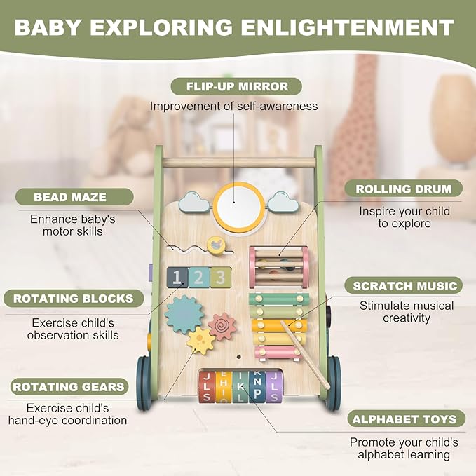 Wooden Baby Walker Wheels,Baby Push Walker for Babies 6-12 Months Montessori,Toddler Walker Push Toy Wooden Activity Walker for Baby Boy,Walking Toys for 1 Year Old Learning to Walk Girl Christmas