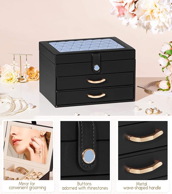 Black Jewelry Box Organizer: Home Decor for Women - 2-Drawer Holder for Valentine’s Day Birthday Christmas Black Grey-Blue