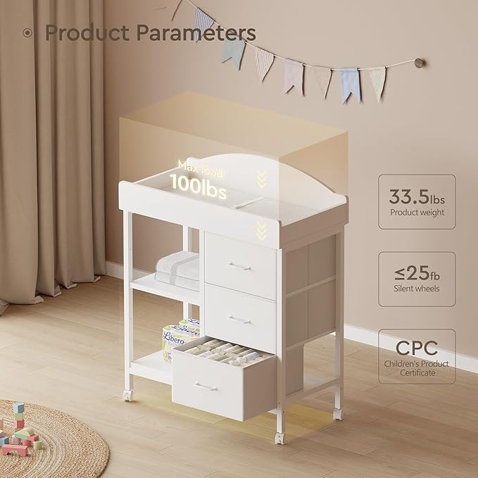 Changing Table Dresser, Baby Dresser with 3 Fabric Drawers and 2 Shelves, Multi-Functional Baby Changing Table with Pad, Classic Nursery Dresser, Diaper Changing Station for Nursery, White