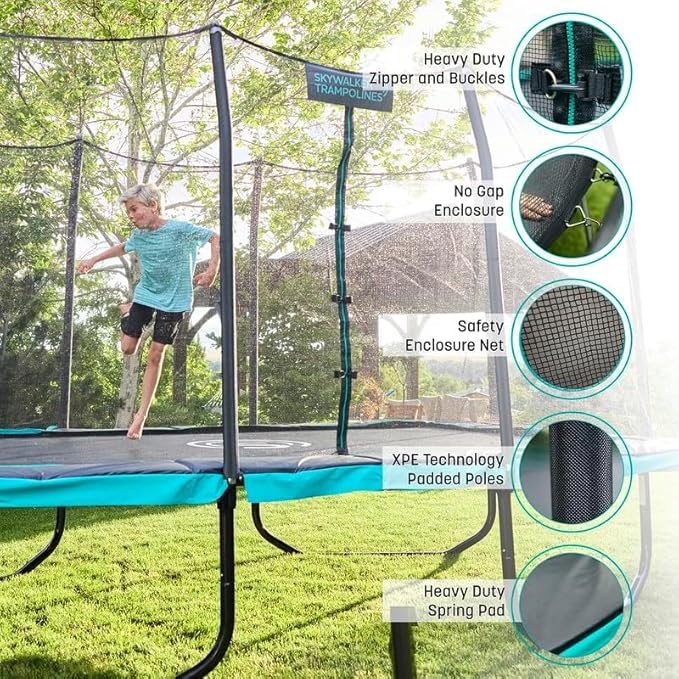 SKYWALKER TRAMPOLINES 12 FT 15 FT Round Trampoline with Safety Enclosure Net, 9 x 15 FT Rectangle Outdoor Trampoline, Recreational Trampoline for Kids