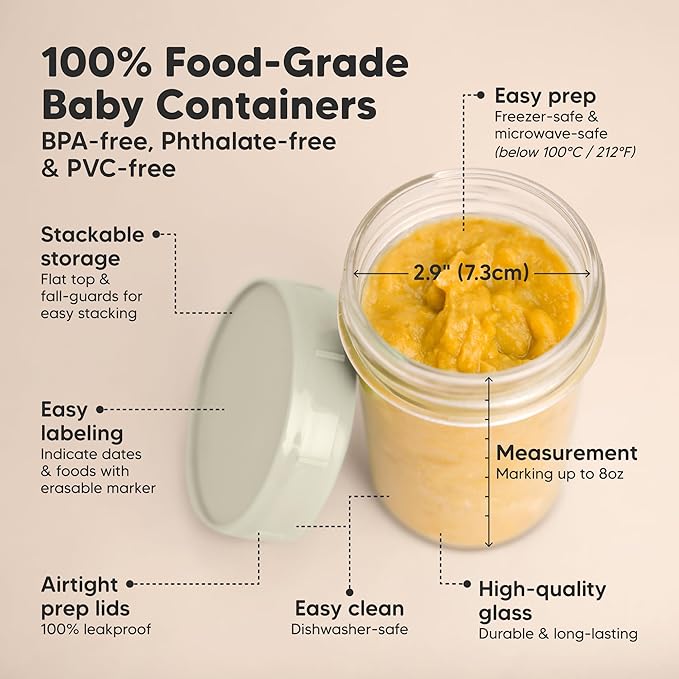 KeaBabies 4pk 8oz Glass Baby Food Containers with Lids - Leak-Proof, Microwavable Small Glass Jars, Baby Purees & Toddler Snack Storage Containers, BPA-Free, Dishwasher & Freezer Safe (Sage)