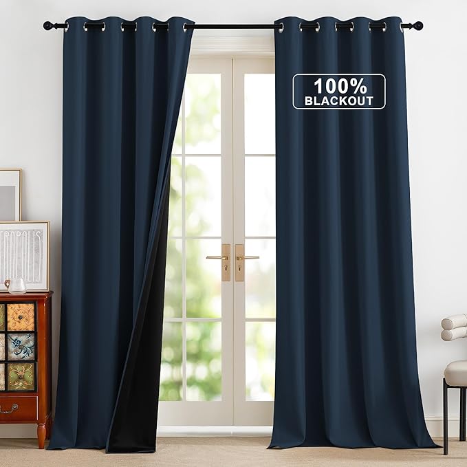 NICETOWN Full Blackout Curtains 96 inches Long for Living Room - Grommet Privacy Window Treatment Thermal Insulated Curtains for Bedroom Patio, 1 Pair, 52W x 96L, Navy