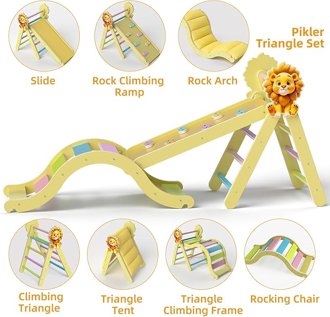 Pikler Triangle Set with Cushion, 7-in-1 Indoor Climbing Toys for Kids, Wooden Montessori Climbing Set for Toddlers Montessori Toys
