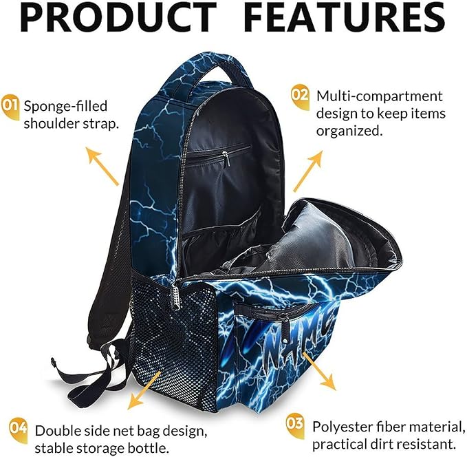 Shark Backpack for Kids Boys - 17 Inch Custom Backpacks with Name for Kindergarten Primary Elementary Senior Middle - Cool Durable Personalized Lightning Bookbag