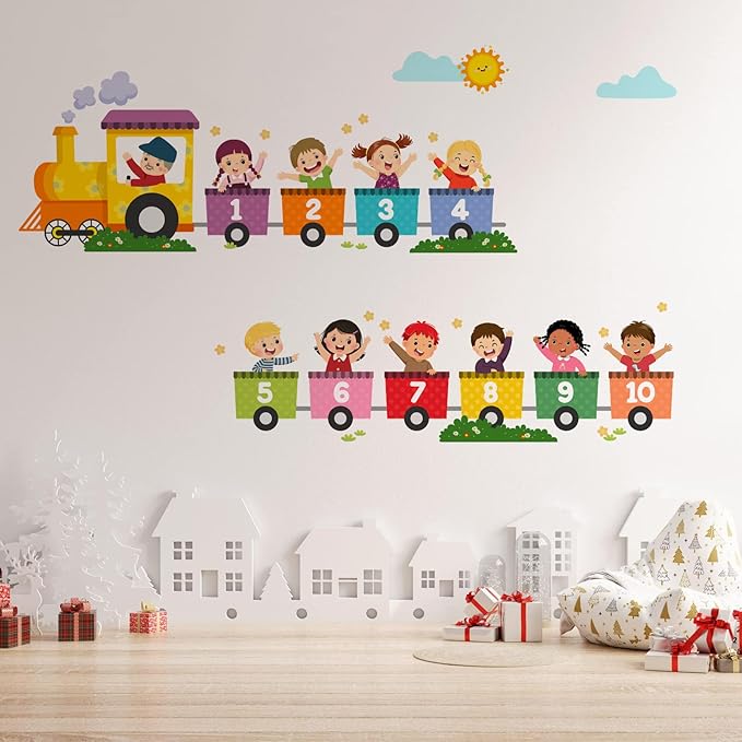Train Number Kids Wall Stickers, Learning Colors Figures Preschool Wall Decals Peel and Stick Art Wall Decors, Suitable for Nursery, Baby Room, Kids Playroom, Classroom…