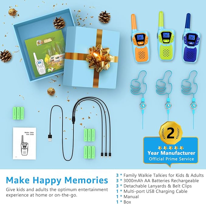 Walkie Talkies for Kids Rechargeable Walkie-Talkie for Adults Long Range FRS 2 Way Radio 3 Pack with Lanyard Battery 4 Miles NOAA USB, Family Toys for 3-12 Year Old Girls Boys Toddlers Camping