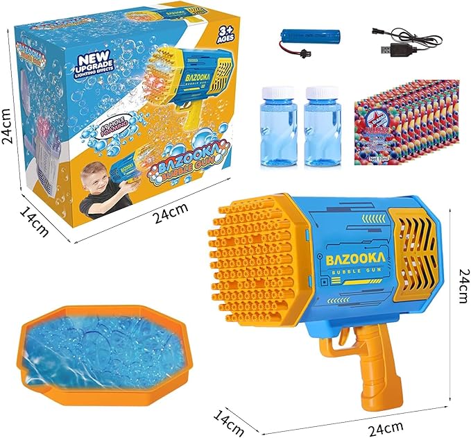 Bubble Gun Bazooka Machine with Solution - 69 Holes Blaster for Outdoor Summer Toy, Party Favors - Blue Bubble Maker Blowers for Kids