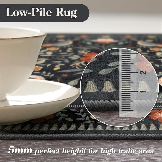 Moynesa Boho Bird Area Rug 9x12 for Living Room, Washable Rugs 9x12 Black Floral Bedroom Rug Low-Pile Soft Playroom Carpet, Jungle Pattern Vintage Rug Indoor Floor Carpet for Nursery