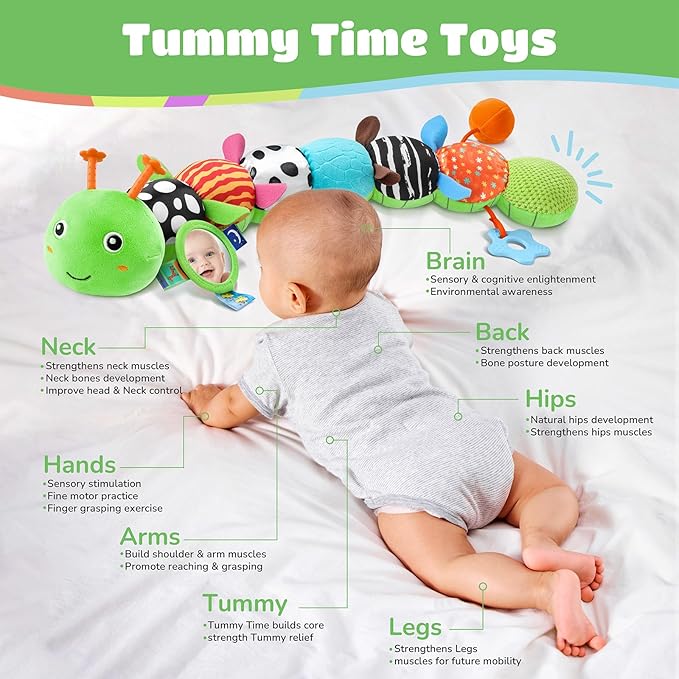 Baby Toys 6-12 Months Music Caterpillar Infant Toys Stuffed Animals 0-3-6 Months Tummy Time Teething Sensory Toys with Mirror Rattle&Pull String for Boys Girls Birthday Gifts|Grass Green,Leafy