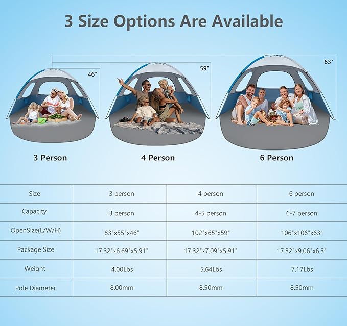 NXONE Beach Tent Sun Shade Shelter for 3/4/6 Person Person with UV Protection, Extended Floor, 3 Mesh Roll Up Windows & 8.0/8.5mm Fiberglass Rods丨Carry Bag Included