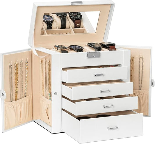 AKOZLIN 5-Tier Jewelry Box Lockable Leather Jewelry Storage Case with 4 Drawers for Women Girls Ring Necklace Earring Bracelet Watches Holder Organizer with Mirror