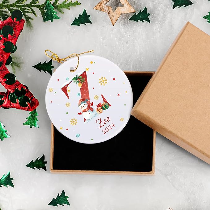 Name Ornaments for Christmas Tree, Custom Initial Monogram Snowman Ceramic Ornament for Kids Boys Girls, Monogrammed Christmas Ornaments 2025