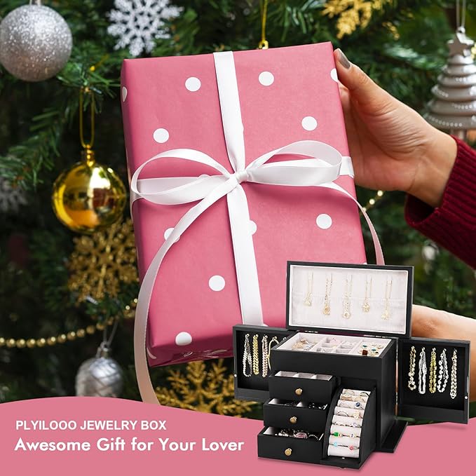 Jewelry Box Organizer, Solid Wood Jewelry Boxes for Women, Double Layer Jewelry Organizer Box Display Earring Necklace Bracelet Ring, Rustic Style Small Jewelry Box for Girls (Black)