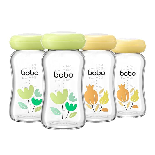 YOHKOH Breast Milk Storage Bottles - Wide Neck Glass Breastmilk Storage Bottles with Lids, BPA-Free (Multicolor1, 5.4oz (Pack of 4))