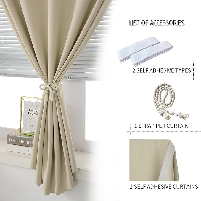Self Adhesive Portable Blackout Curtains for Bedroom Easy to Install Window Thermal Lnsulated Kitchen Room Darkening Small Window Curtains, Cortinas Para Cuarto, 59"W X 59"L, Beige, 1 Panel