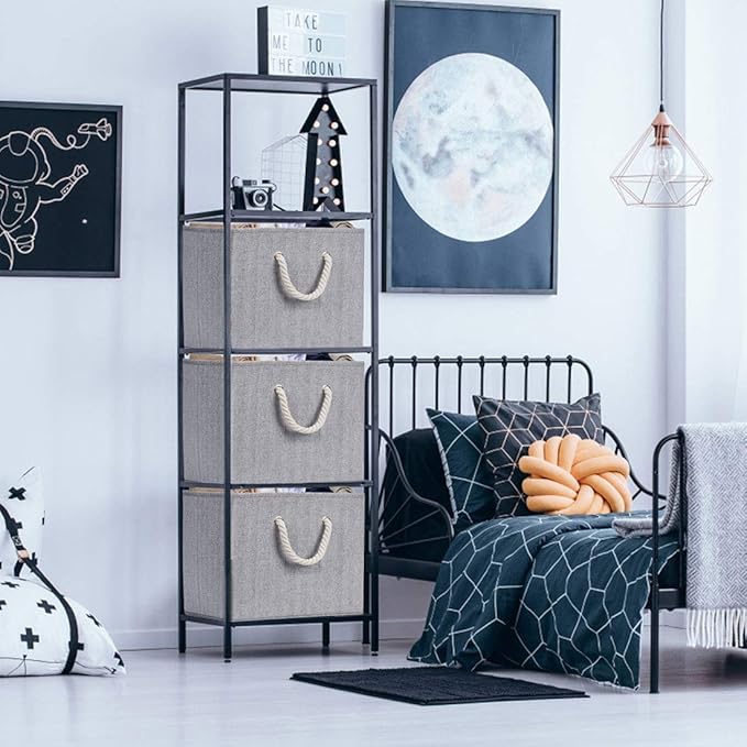 Robuy Cube Storage Bins,Grey Fabric Foldable Storage Bins,Set of 3 Stroage Boxes with Cotton Rope Handles for Organizer Home,Office, Nursery 13x13x13 inch