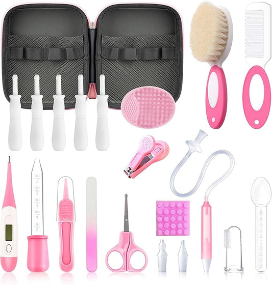 Baby Healthcare and Grooming Kit, 21 in 1 Portable Baby Essentials Kit with Gas Relief Hair Brush Comb Nasal Aspirator for Newborn Boys Girls (Pink)