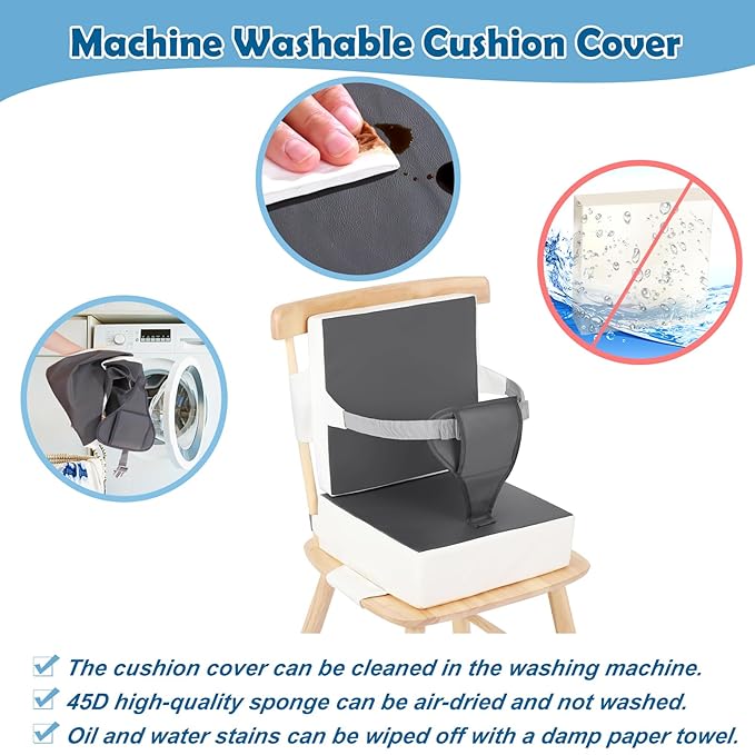 Toddler Booster Seat for Dining Table Kitchen Chair, Waterproof Non-Slip with Backrest & Adjustable Straps, Portable PU Travel Baby Kids Booster Seat Cushion