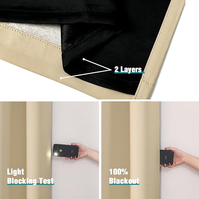 ChrisDowa 100% Blackout Curtains 120 inch Long for Bedroom with Black Liner, 2 Thick Layers Total Blackout Thermal Insulated Grommet Long Window Curtains 2 Panels Set (Beige, 52 x 120 Inch)