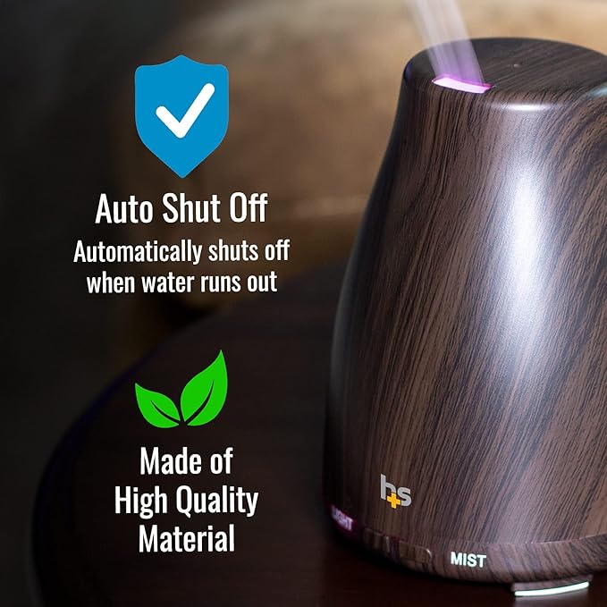 HealthSmart Essential Oil Diffuser, Cool Mist Humidifier and Aromatherapy Diffuser with 150ML Tank Ideal for Small Rooms, Adjustable Timer and Mist Mode, Wood Grain Brown