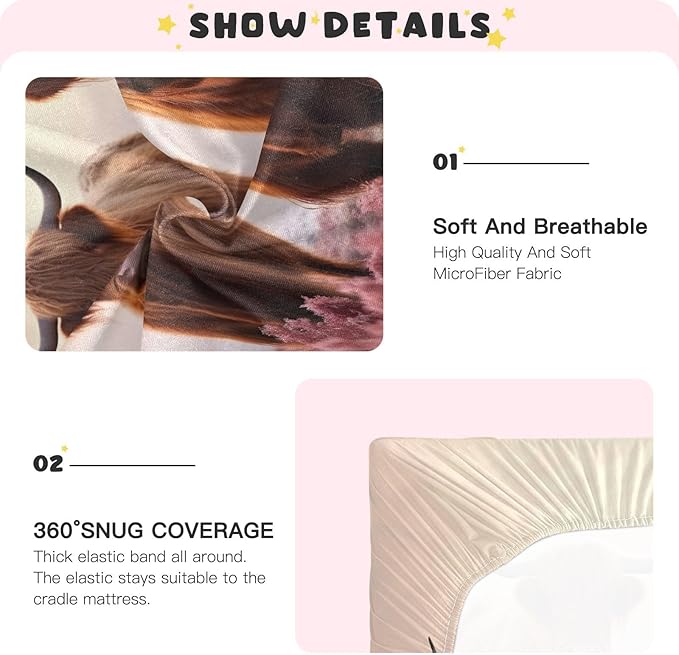 Two Highland Cows Crib Sheets for Boys and Girls, Fitted Baby Crib Sheets Soft and Breathable Mini Crib Sheets 52 X 28 X 9 Inches