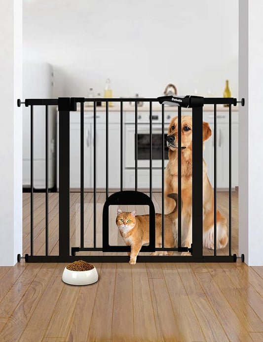 Babelio Upgraded Baby Gate with Cat Door, 29-43" Auto Close Durable Dog Gate for Stairs, Doorways and House, Easy Walk Thru Safety Gate with Pet Door Includes 4 Wall Cups, Black