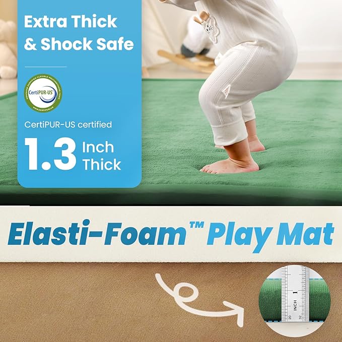 Ultra Soft Baby Play Mat,71"×79" Extra Large Activity Tummy Time Mat for Toddlers,Infants,Kids,1.3" Thick Elasti-Foam Nursery Rug for Floor,Non-Slip Safe for Crawling,Water-Repellent(Emerald)