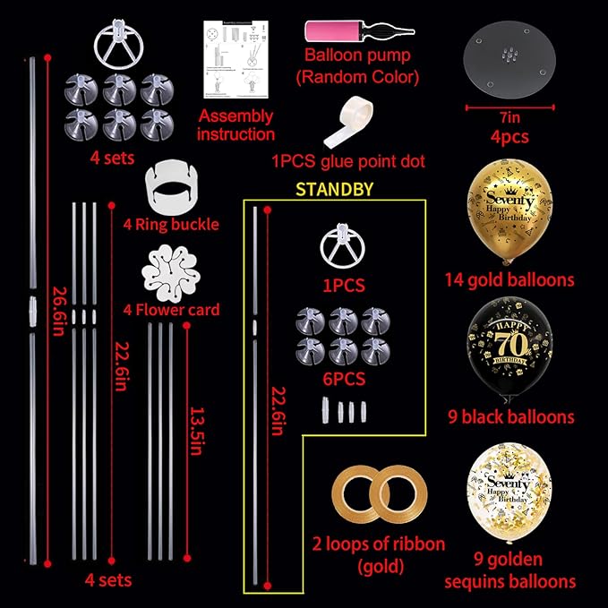 TONIFUL 4 Set Black Gold Balloon Stand Kit for Birthday Decorations for 70th,Balloon Centerpieces for Table Party Decorations Cheers to 70 Years Old Birthday for Men and Women