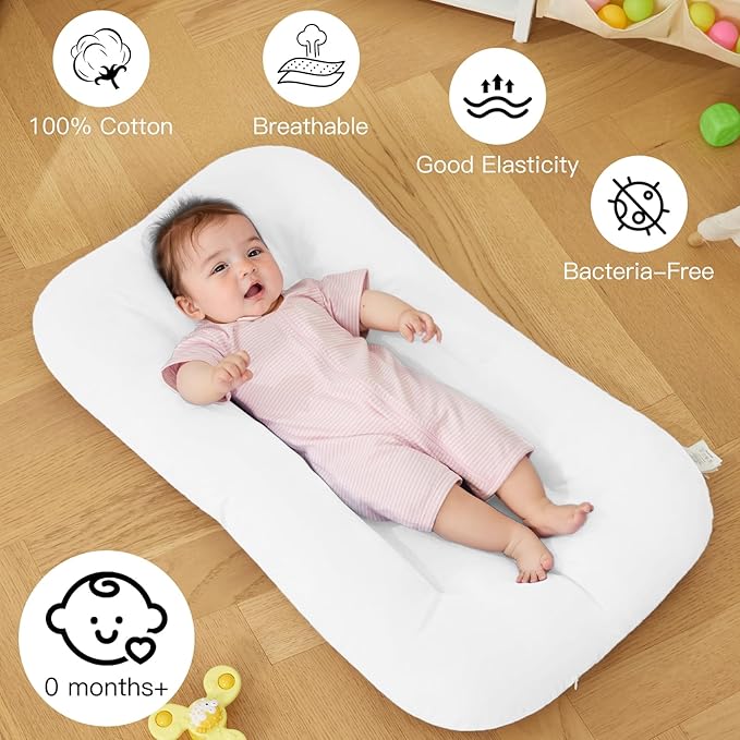 Baby Lounger for Newborn, Bionic Design Baby Lounger, Soft Organic Cotton Breathable Lounger for Infants 0-18 Months (White)
