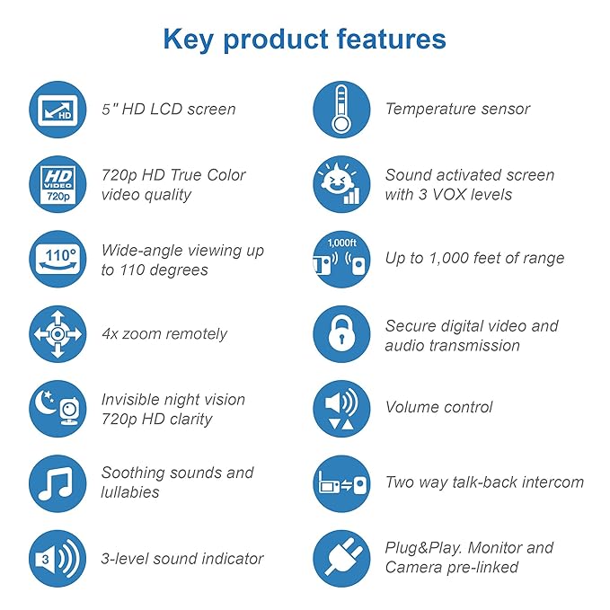 VTech VM818HD Baby Monitor, 5" 720p Screen, Night Light, 110-degree Wide-Angle True-Color DayVision, HD No Glare NightVision, 1000ft Range, 2-Way Talk, Secure Transmission No WiFi