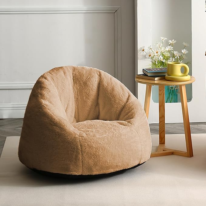 N&V Small Bean Bag Chair for Kids, Children Mini Bean Bag Sack, Foam Filling, Includes Removable and Machine Washable Cover, 27in, Soft Faux Fur (Brown)