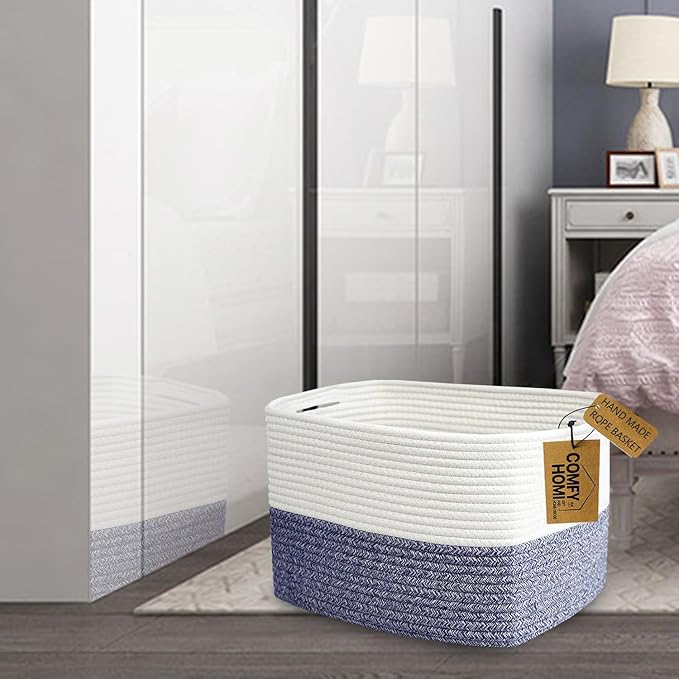 COMFY-HOMI 3 Pack Medium Cotton Rope Basket with Handles for Shelves, Dog Toy, Baby, Gift Organizing, Handwoven Craft - New Generation 13.5" x 11" x 9.5" (Navy Blue)