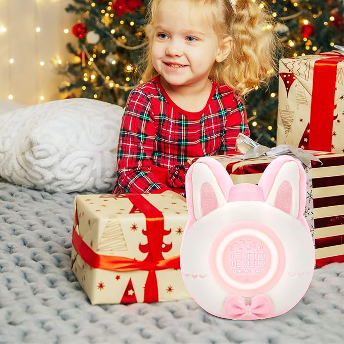 QANYI Bunny Plush Alarm Clock Night Light, Cute Stuffed Animals with LED Display Clock Adjustable Light, Toys for 5-12 Year Old Girls, Kawaii Birthday Gifts for Kids Teens Girls Women