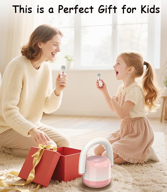 EWA Portable Mini Metal Karaoke Machine, Bluetooth Karaoke Speaker with 2 Wireless Microphones, Ideal Gifts for Girls Boys Family Home Party Birthday Christmas Toys Gifts-(Pink)