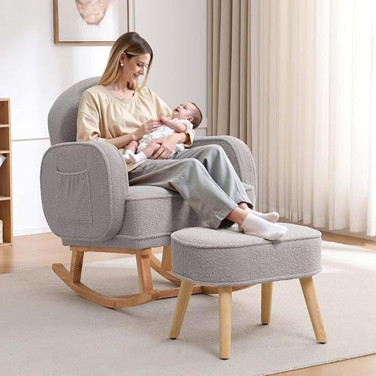 Nursery Rocking Chair with Ottoman, Upholstered Glider Rocker with High Backrest and Side Pocket, Rocking Accent Armchair with Solid Wood Legs for Nursery, Living Room, Bedroom Light Grey