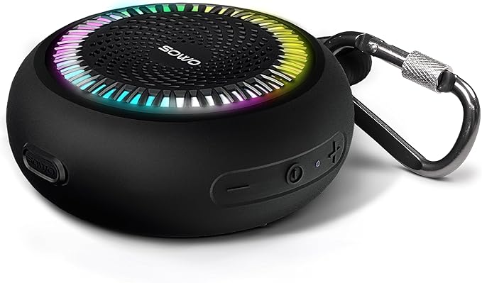 SOWO Shower Speaker Bluetooth Waterproof | Small Portable Wireless Bluetooth Speaker with Clip | Powerful Bass and Louder Volume | Colorful Lights and Lightweight | for Bathroom,Travel,Beach | Black