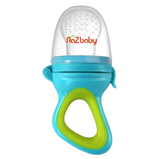 RaZbaby Baby Solids/Frozen Fruit Feeder Pacifier, Infant Teether Toy 6M+, BPA-Free Silicone Pouch & Nipple, Safely Introduce Solids, Natural Teething Relief, Dishwasher Safe, Freezable – Blue/Green