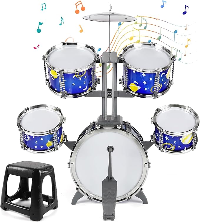 M SANMERSEN Upgraded Kids Jazz Drum Set Toddler Toy Drum Set with Stool, Plastic Rock Jazz Drum Kit Musical Toys Gift for Boys Girls 1-3 3-5