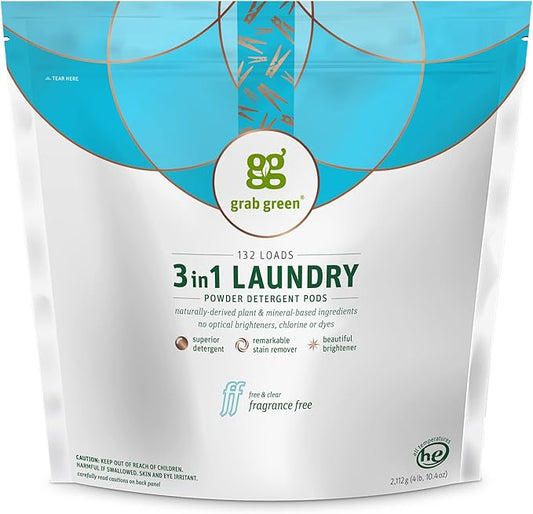 Grab Green 3-in-1 Laundry Detergent Pods, 132 Count, Fragrance Free, Plant and Mineral Based, Superior Cleaning Power, Stain Remover, Brightens Clothes