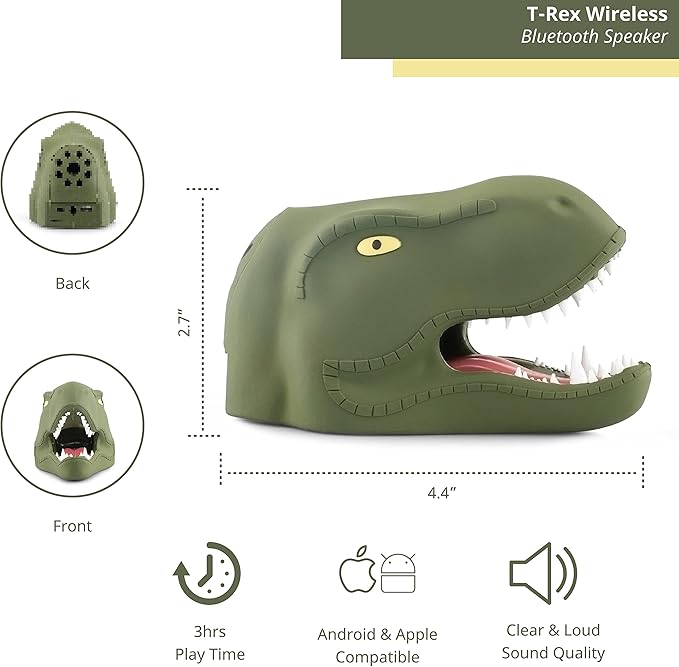 T-Rex Bluetooth Wireless Speaker - Bluetooth Speaker for Kids - Portable Bluetooth Speaker in Many Fun Designs - Compatible with iPhone and Android Devices