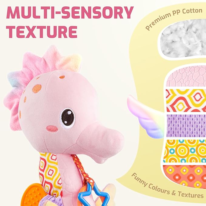 Sumobaby Infant Baby Musical Stuffed Animal Activity Soft Toys with Multi-Sensory Crinkle, Rattle and Textures, for Tummy Time Newborn 0-3-6-12 Months Girls,Seahorses, Pink