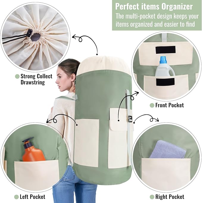 Laundry Bag Backpack, 125L Extra Large Travel with Shoulder Straps, Adjustable & Extendable Design, Laundry Hamper Bag with 3 Pockets for Laundromat, College, Travel, Camping (Green)
