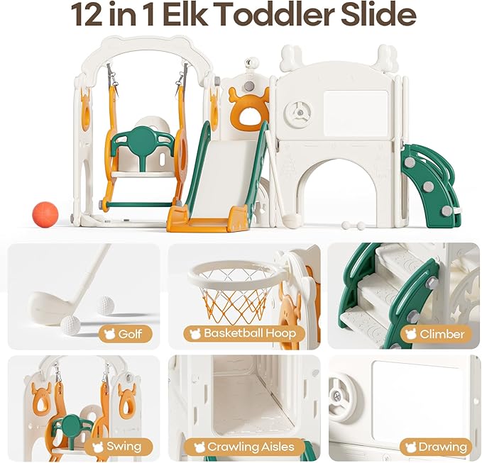 Mloong 12 in 1 Toddler Slide and Swing Set, Kids Slide for Toddlers 1-3 Years Old, Baby Playset Indoor Outdoor with Basketball Hoop Drawing Golf(Yellow & Green)(82×67×41in)