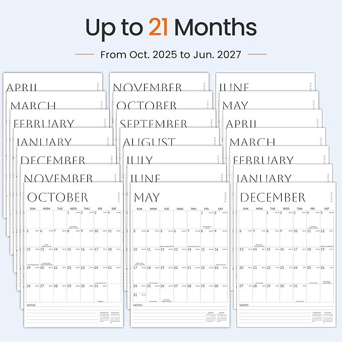 SUNEE Wall Calendar 2025-2026 Large 22.75"x15.5", 21 Month Calendar from October 2025 to June 2027, Vertical Extra Large Monthly Calendar 2026 for Wall, White