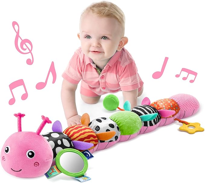 LIGHTDESIRE Baby Toys Musical Caterpillar,Infant Toys Stuffed Animals with Ruler Design,Mirror,Pull String&Ring Bell,Baby Teething Toys for Tummy Time Toys Newborn Gifts 3 6 12 Months(Pink,Leafy Limb)