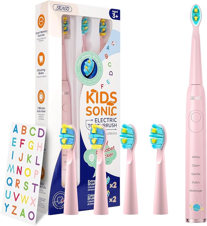 SEAGO Kids Electric Toothbrush, Sonic Soft Bristle Rechargeable Toothbrushes with DIY Stickers, 5 Modes, Includes 4 Replacement Brush Heads, Ages 3 to 12 Years Old (Pink)
