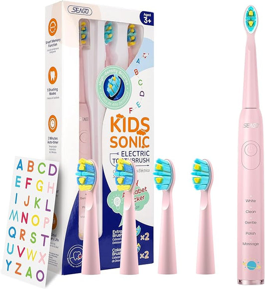 SEAGO Kids Electric Toothbrush, Sonic Soft Bristle Rechargeable Toothbrushes with DIY Stickers, 5 Modes, Includes 4 Replacement Brush Heads, Ages 3 to 12 Years Old (Pink)
