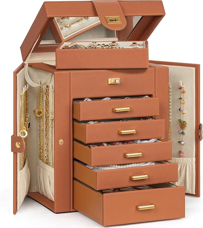 AKOZLIN Jewelry Box Organizer Functional Leather Jewelry Storage Case for Women Girls Ring Necklace Earring Bracelet Holder Organizer with Mirror