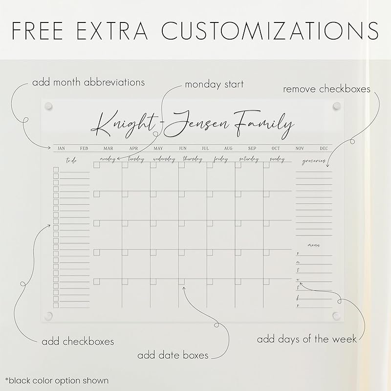 Personalized Clear Acrylic Calendar for Wall, Calendar Whiteboard for Wall, Dry Erase Wall Calendar, Wall Calendar Organizer System for Home (Cursive, White, 14"W x 11"H)